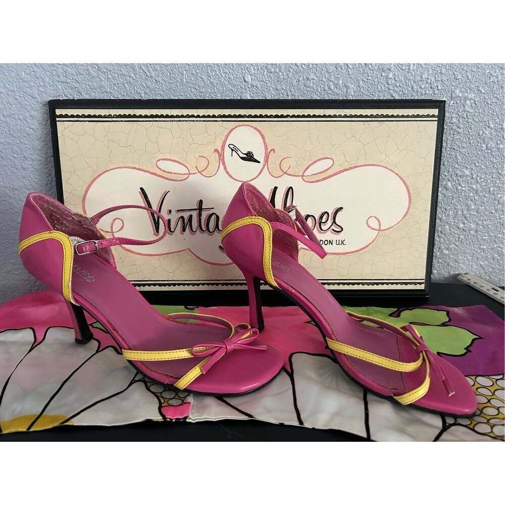 Heels Hot Pink & Yellow Fun Funky Sexy 3” & Bow! Sz 7